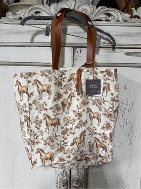 NWT Canvas Tote Bag with Horse Print and Brown Leather Handles western